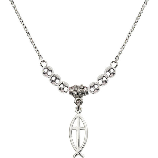 Sterling Silver Fish / Cross Birthstone Necklace with Sterling Silver Beads - 4251