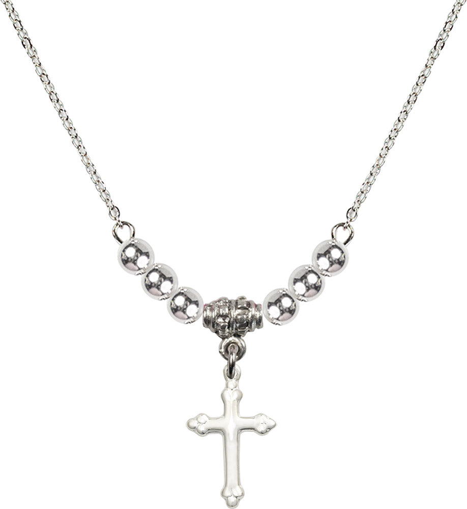 Sterling Silver Cross Birthstone Necklace with Sterling Silver Beads - 5415