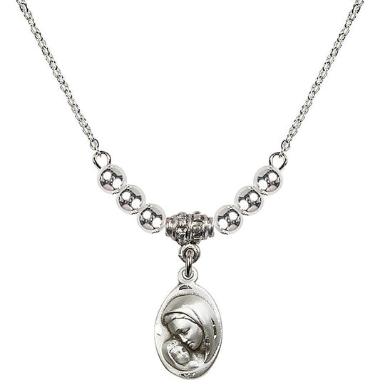Sterling Silver Madonna & Child Birthstone Necklace with Sterling Silver Beads - 5447
