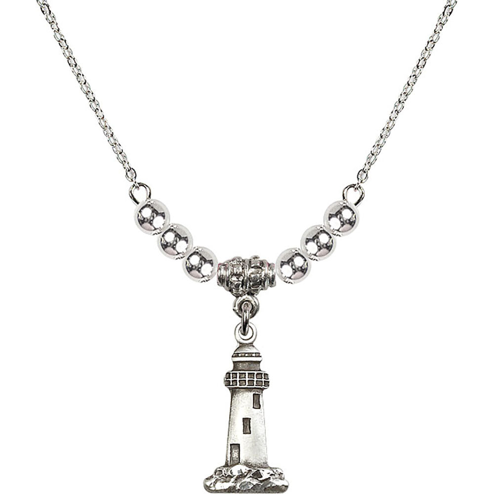 Sterling Silver Lighthouse Birthstone Necklace with Sterling Silver Beads - 5922