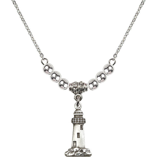Sterling Silver Lighthouse Birthstone Necklace with Sterling Silver Beads - 5922