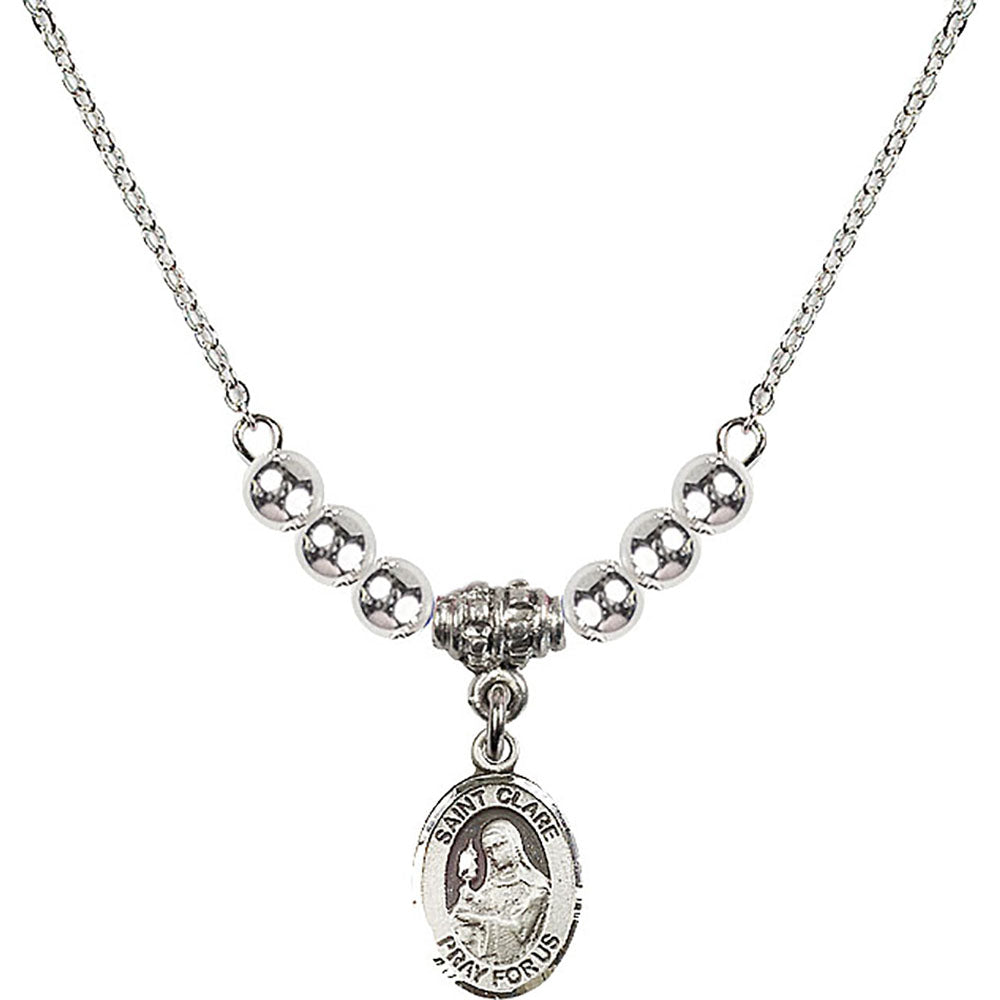 Sterling Silver Saint Clare of Assisi Birthstone Necklace with Sterling Silver Beads - 9028