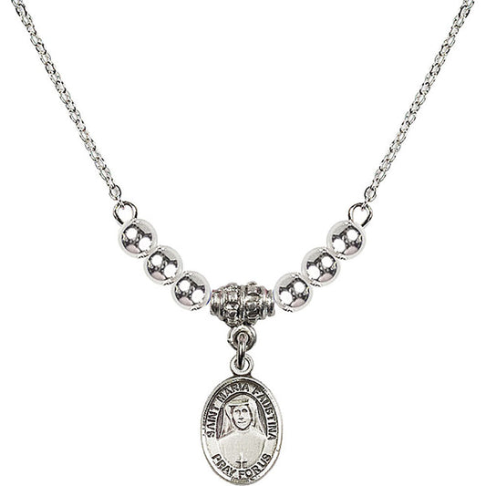 Sterling Silver Saint Maria Faustina Birthstone Necklace with Sterling Silver Beads - 9069