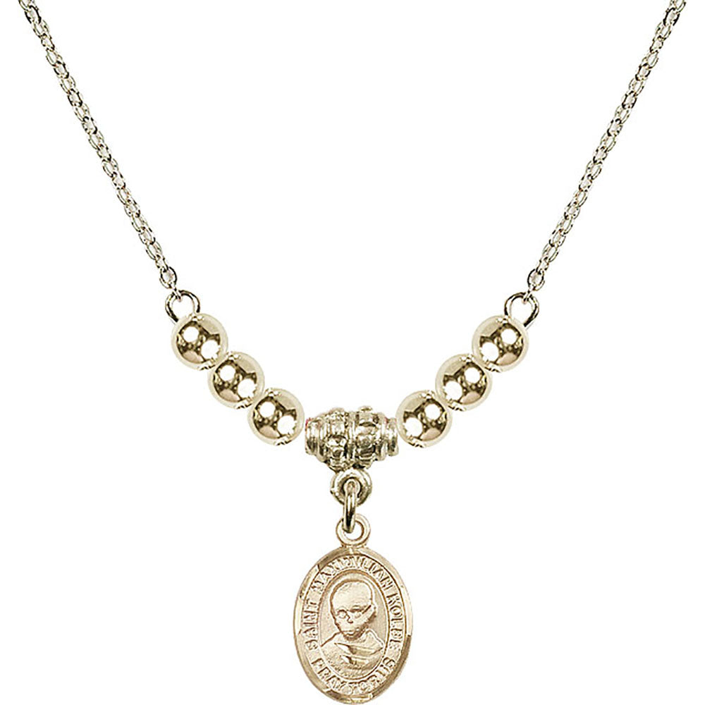 14kt Gold Filled Saint Maximilian Kolbe Birthstone Necklace with Gold Filled Beads - 9073