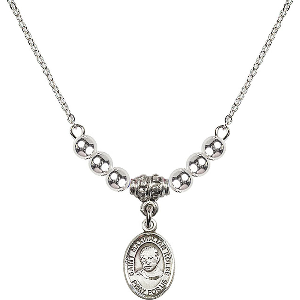 Sterling Silver Saint Maximilian Kolbe Birthstone Necklace with Sterling Silver Beads - 9073