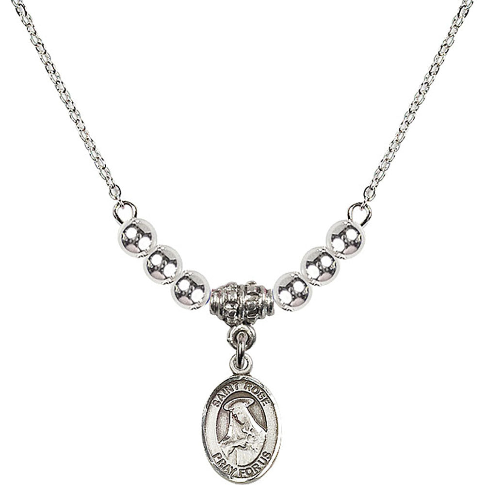 Sterling Silver Saint Rose of Lima Birthstone Necklace with Sterling Silver Beads - 9095