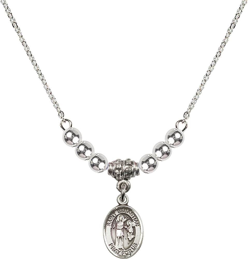 Sterling Silver Saint Sebastian Birthstone Necklace with Sterling Silver Beads - 9100