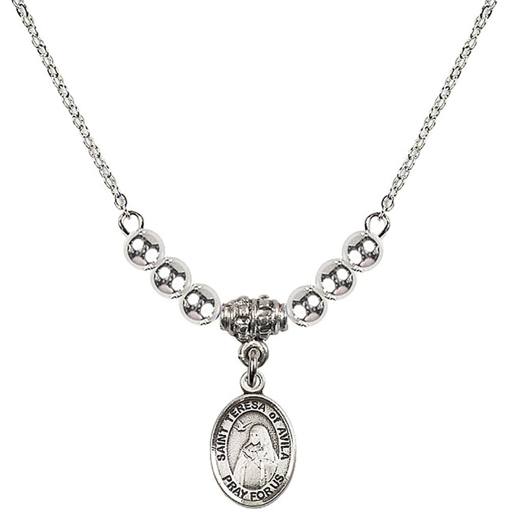Sterling Silver Saint Teresa of Avila Birthstone Necklace with Sterling Silver Beads - 9102