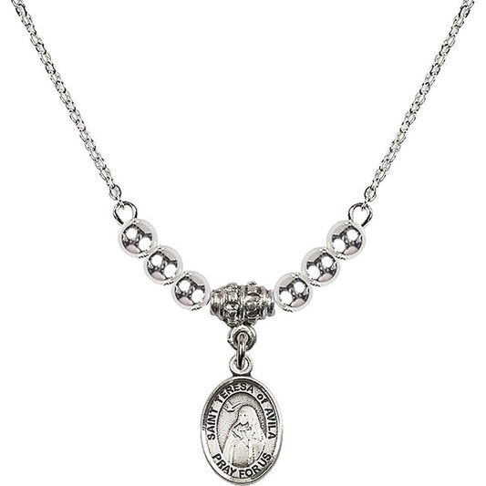 Sterling Silver Saint Teresa of Avila Birthstone Necklace with Sterling Silver Beads - 9102