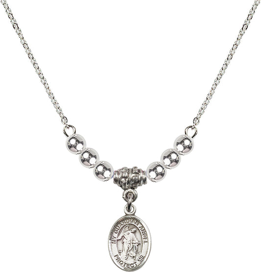 Sterling Silver Guardian Angel w/Child Birthstone Necklace with Sterling Silver Beads - 9118