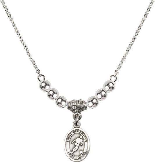 Sterling Silver Saint Sebastian/Soccer Birthstone Necklace with Sterling Silver Beads - 9164