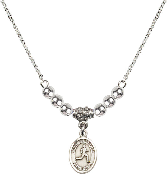 Sterling Silver Saint Sebastian/Track & Field Birthstone Necklace with Sterling Silver Beads - 9176
