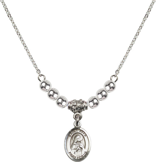 Sterling Silver Saint Rita / Baseball Birthstone Necklace with Sterling Silver Beads - 9181