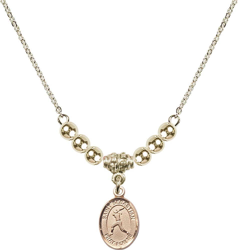 14kt Gold Filled Saint Sebastian/Softball Birthstone Necklace with Gold Filled Beads - 9183