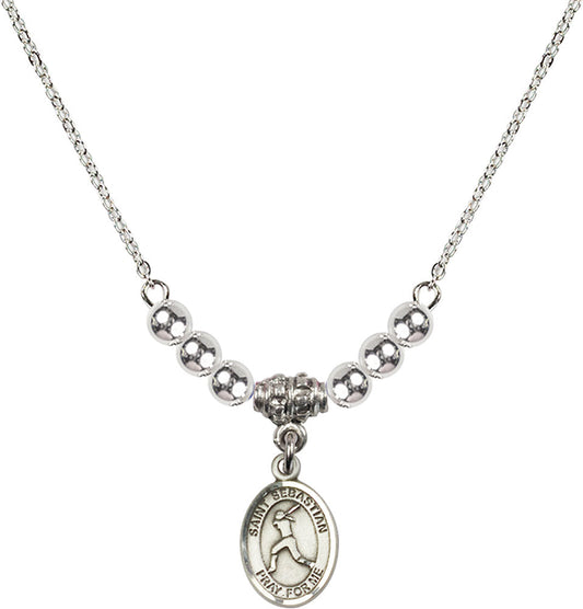 Sterling Silver Saint Sebastian/Softball Birthstone Necklace with Sterling Silver Beads - 9183