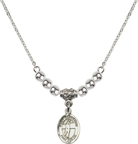 Sterling Silver Saint Sebastian / Volleyball Birthstone Necklace with Sterling Silver Beads - 9186