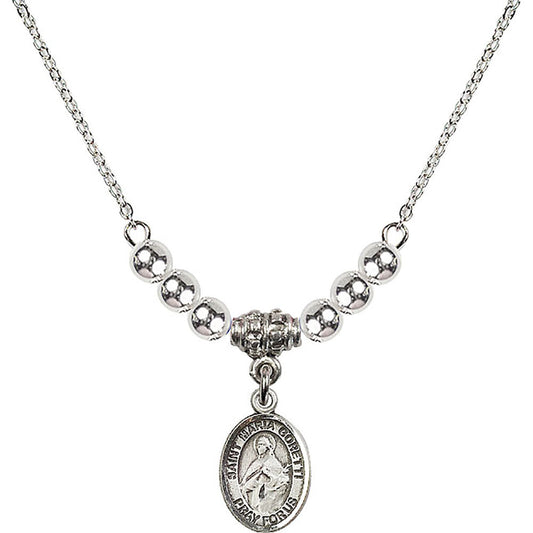 Sterling Silver Saint Maria Goretti Birthstone Necklace with Sterling Silver Beads - 9208