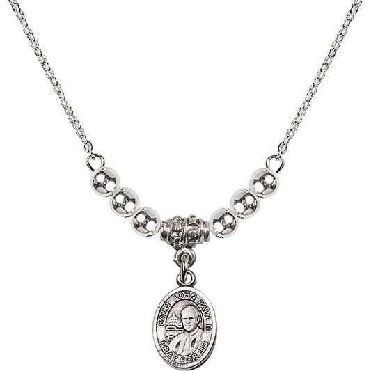 Sterling Silver Saint John Paul II Birthstone Necklace with Sterling Silver Beads - 9234