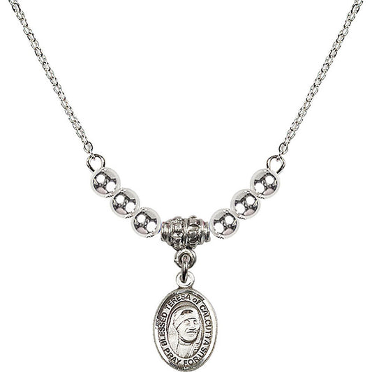 Sterling Silver Saint Teresa of Calcutta Birthstone Necklace with Sterling Silver Beads - 9295