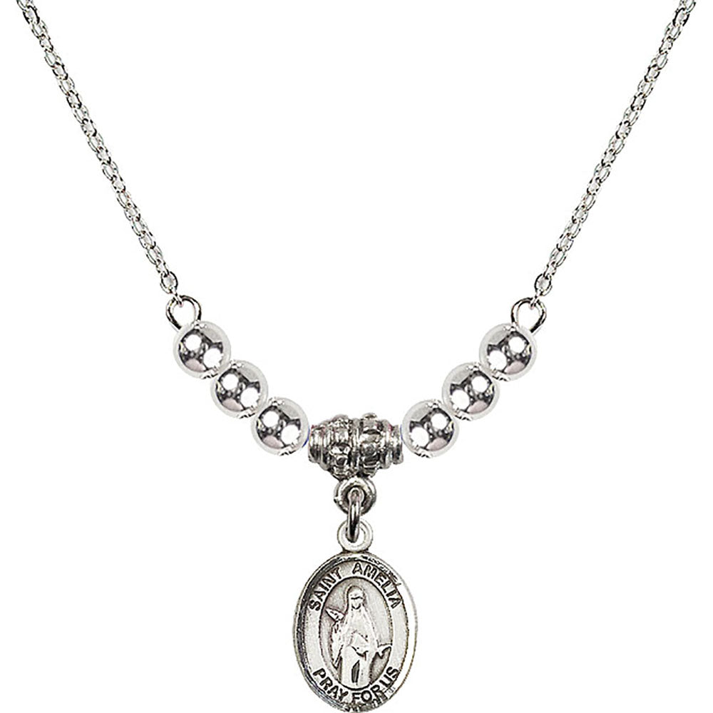 Sterling Silver Saint Amelia Birthstone Necklace with Sterling Silver Beads - 9313