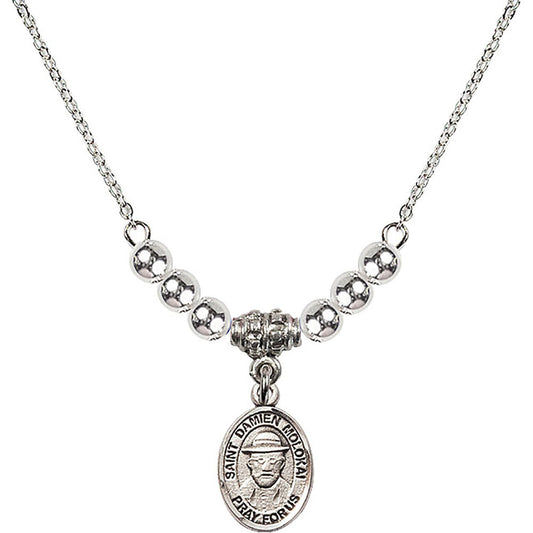 Sterling Silver Saint Damien of Molokai Birthstone Necklace with Sterling Silver Beads - 9412