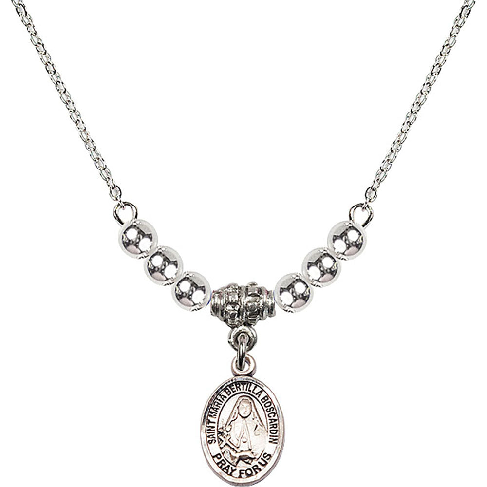 Sterling Silver Saint Maria Bertilla Boscardin Birthstone Necklace with Sterling Silver Beads - 9428