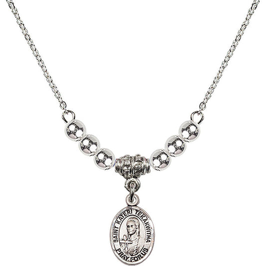 Sterling Silver Saint Kateri Tekakwitha Birthstone Necklace with Sterling Silver Beads - 9438