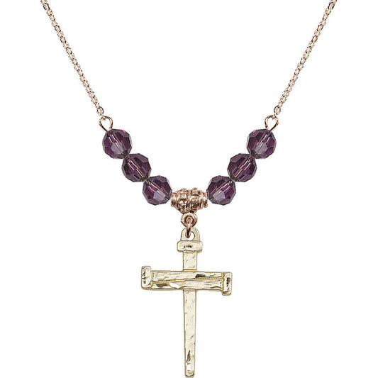 14kt Gold Filled Nail Cross Birthstone Necklace with Amethyst Beads - 0013