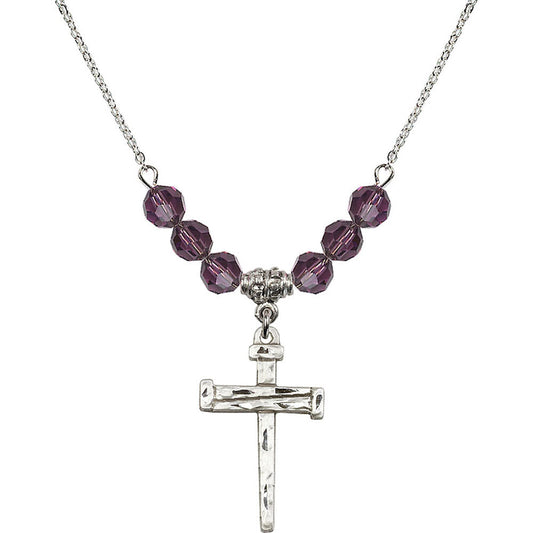 Sterling Silver Nail Cross Birthstone Necklace with Amethyst Beads - 0013