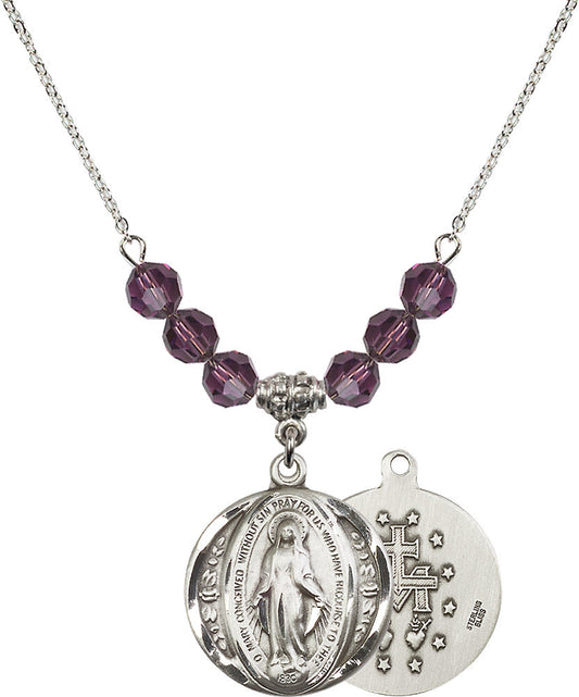 Sterling Silver Miraculous Birthstone Necklace with Amethyst Beads - 0017