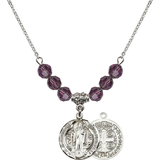 Sterling Silver Saint Benedict Birthstone Necklace with Amethyst Beads - 0026