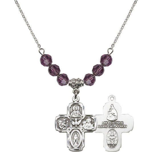 Sterling Silver 5-Way Birthstone Necklace with Amethyst Beads - 0041