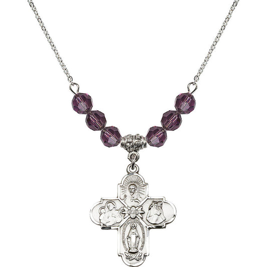 Sterling Silver 4-Way Birthstone Necklace with Amethyst Beads - 0043