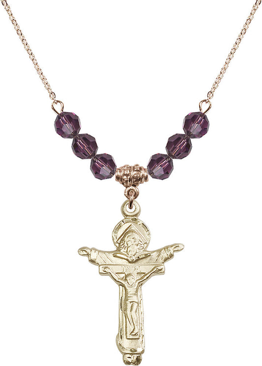 14kt Gold Filled Trinity Crucifix Birthstone Necklace with Amethyst Beads - 0065