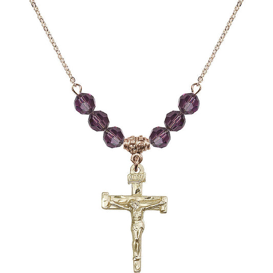 14kt Gold Filled Nail Crucifix Birthstone Necklace with Amethyst Beads - 0073