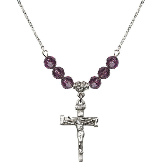 Sterling Silver Nail Crucifix Birthstone Necklace with Amethyst Beads - 0073