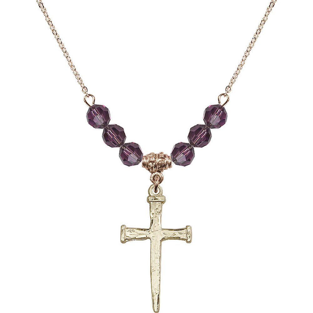 14kt Gold Filled Nail Cross Birthstone Necklace with Amethyst Beads - 0085