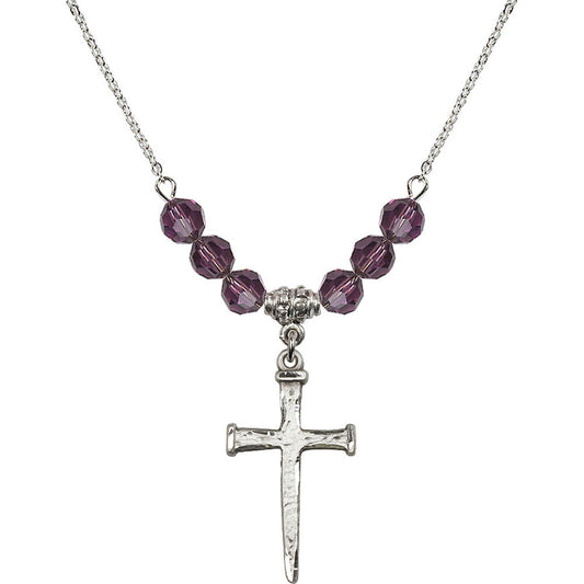 Sterling Silver Nail Cross Birthstone Necklace with Amethyst Beads - 0085