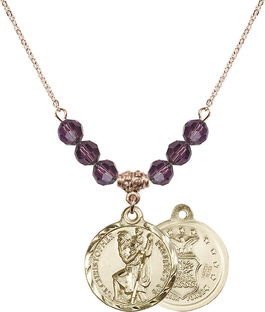 14kt Gold Filled Saint Christopher / Air Force Birthstone Necklace with Amethyst Beads - 0192