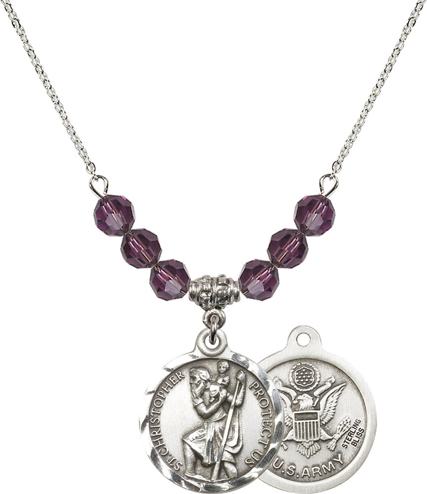 Sterling Silver Saint Christopher / Army Birthstone Necklace with Amethyst Beads - 0192