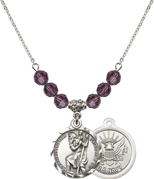 Sterling Silver Saint Christopher / Navy Birthstone Necklace with Amethyst Beads - 0192
