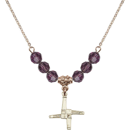 14kt Gold Filled Saint Brigid Cross Birthstone Necklace with Amethyst Beads - 0290