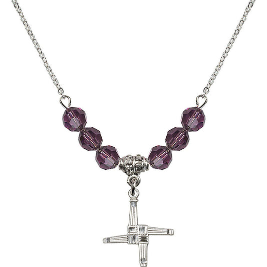 Sterling Silver Saint Brigid Cross Birthstone Necklace with Amethyst Beads - 0290
