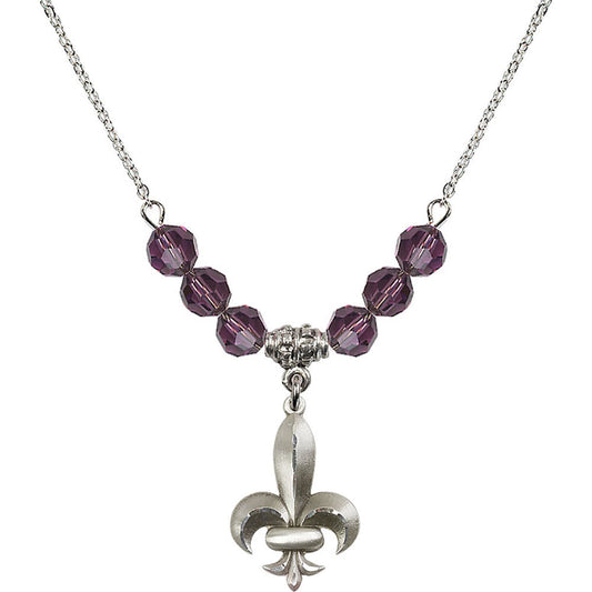 Sterling Silver Fleur de Lis Birthstone Necklace with Amethyst Beads - 0294