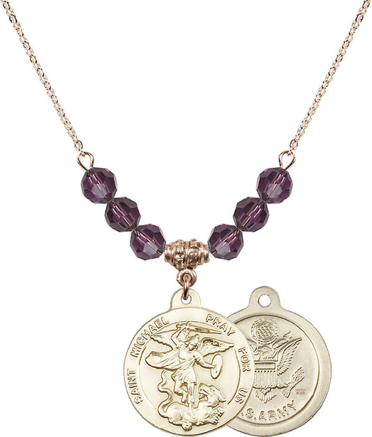 14kt Gold Filled Saint Michael / Army Birthstone Necklace with Amethyst Beads - 0342