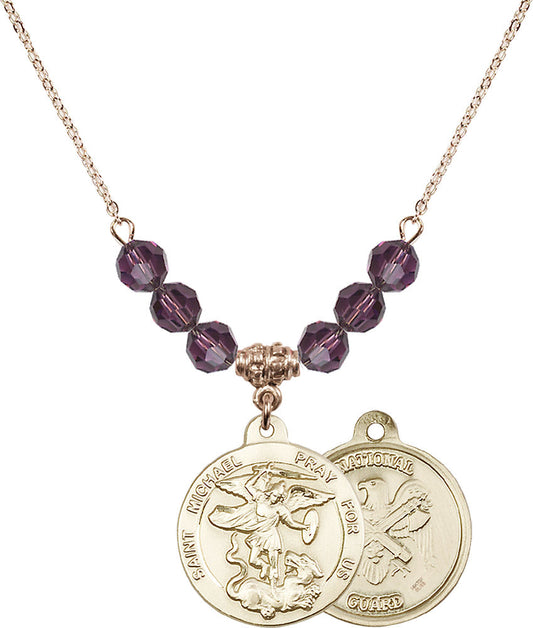 14kt Gold Filled Saint Michael / Nat'l Guard Birthstone Necklace with Amethyst Beads - 0342