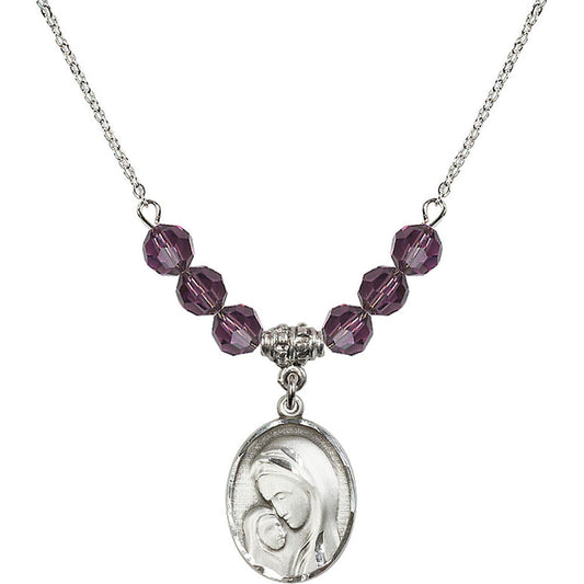 Sterling Silver Madonna & Child Birthstone Necklace with Amethyst Beads - 0447