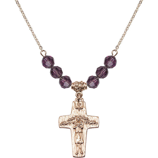 14kt Gold Filled Papal Crucifix Birthstone Necklace with Amethyst Beads - 0569