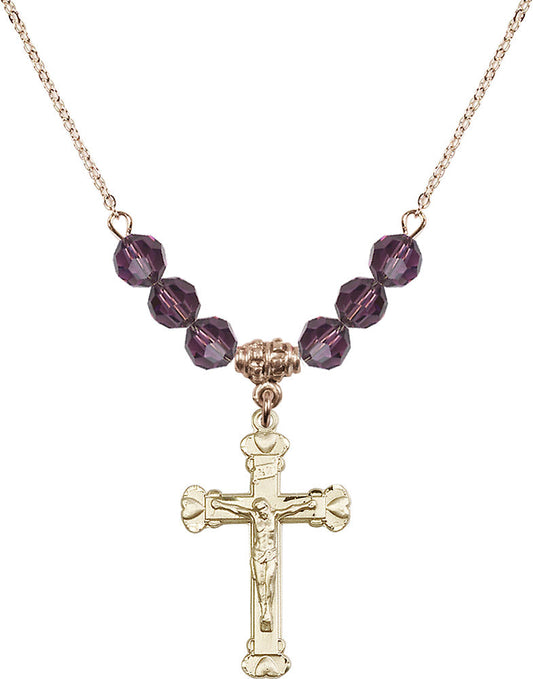 14kt Gold Filled Crucifix Birthstone Necklace with Amethyst Beads - 0620