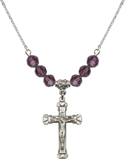 Sterling Silver Crucifix Birthstone Necklace with Amethyst Beads - 0620